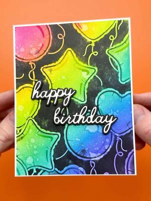 This brayer technique makes your easy DIY Birthday Cards POP!🤯 I started by embossing my cardstock using the Party Balloons 3D Embossing Folder to add a textured design. Then, I ink blended the debossed side of the background using a rainbow assortment of Simon Hurley ink colors. I added the highlights onto the balloons using on of the Party Balloons stencil and finished it off by adding water to lift some color!✨ Then, I lightly brayered on jet black ink to cover the raised background design with black. This keeps the balloons brightly colored and makes them pop!🎈 Lastly, I finished off the card by adding a Happy Birthday sentiment from the Handwritten Sentiments die-set. I love the font of this set and it finishes off the birthday card perfectly! #asmr #asmrsounds #birthday #craft #stampin #DIY #art #cardmaking 