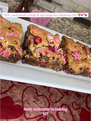 Welcome to Baking 101 💕 Class is in session let's make Valentine's Day Cookie Bars 💕 Ingredients: 	•	½ cup unsalted butter, room temp 	•	2cups packed brown sugar 	•	2 large eggs 	•	1 tablespoon vanilla extract 	•	1 teaspoon salt 	•	2 teaspoons baking powder 	•	2 cups all-purpose flour 	•	¾ cup holiday M&M’s (plus extra for topping) 	•	½ cup mini chocolate chips 	•	⅓ cup holiday sprinkles (plus extra for topping) Instructions: 	1.	Preheat your oven to 325°F (175°C). Grease & line a baking pan with parchment paper. 	2.	In a large mixing bowl, cream together the softened butter and brown sugar until smooth and fluffy. 	3.	Beat in the eggs, followed by the vanilla extract. 	4.	Add the salt, flour and baking powder, mixing until evenly combined. 	5.	Gently stir in the M&M’s, mini chocolate chips, and sprinkles. 	7.	Spread the dough evenly into the prepared baking pan. Top with additional M&M’s and sprinkles if desired for a festive look. 	8.	Bake for 25-30 minutes, or until the edges are golden and a toothpick inserted into the center comes out clean. 	9.	Allow to cool completely before slicing into bars. Enjoy your homemade treat!  #cakeclass #cake101 #luxecakeco #ValentinesDay #atlcakes #valentinesdayinspo #cookiebars #tiktokuniversity #valentinesdaydesserts #marietta #springsemester #valentinesdaygiftideas 