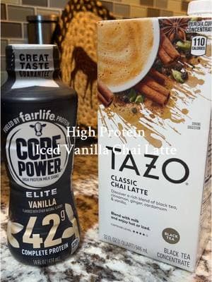 2 ingredient - 42g of protein Iced Vanilla Chai Latte. I have been hyper fixating over this for a solid week. Super easy and yummy way to get some extra protein in. Just brew a shot of espresso and you have an easy Iced Dirty Chai! #coffeetiktok #highprotein #icedchailatte #trend #fypシ #fyp #foryoupage #tiktokban #EasyRecipe #protein #GymTok 