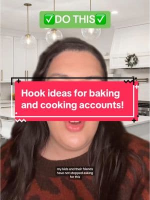 Hook ideas for recipe accounts, bakers, and cooking content creators! #hooks #hookideas #videohooks #contentideas 