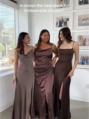 We are currently obsessed with brown bridesmaids dresses! 🤎🍫🧸☕️ Do you think brown is the new black for bridesmaids dresses?  #brownbridesmaiddresses #browndress #mochadress #chocolatebrown #weddingplanning #bridesmaiddresses 