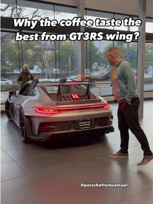 Why the coffee taste so good from the GT3RS wing? #porschegt3rs #911gt3rs #gt3rs 