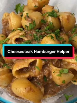 Cheesesteak Hamburger Helper  Ingredients: Meat Mixture: - 14oz shaved steak (I find this pre-shaved in the meat section!) - 1.5 Tablespoons A1 sauce - 1.5 Tablespoons Worcestershire sauce  - 1.5 Tablespoons Ketchup - 2 teaspoons red wine vinegar  - 1.5 teaspoons onion salt - 1/2 Tablespoon garlic powder  Remaining Ingredients: - 8oz (or 1/2 pound) elbow or shellbow noodles  - 32oz container beef broth  - 5.3oz container Greek yogurt (single serve size) - 1 & 1/4 cup shredded cheddar cheese - 1/2 sweet onion, diced - 1 Tbsp butter - 1 Tbsp Ketchup  - 1 Tbsp Dijon mustard  - 1/2 tsp salt  - Ground pepper to taste  Homemade Cheesesteak Hamburger Helper Directions: 1. In a large baggy, mix the meat mixture ingredients together (I squeeze out the air, zip it up, & massage with my hands!). Store in the fridge over night, all day, or even just for 20 minutes! 2. Spray the bottom of a large pot or drizzle with a little olive oil. Drop in the diced onion & butter, stirring while the butter melts. Once melted, let onions cook until they are translucent & brown on the edges (about 5-10 minutes). 3. Drop in meat, breaking it up as much as possible and mixing the onions throughout.  4. Once meat is browned, add 1/2 tsp salt, 1 Tbsp ketchup, and 1 Tbsp Dijon mustard. Mix throughout. 5. Pour in beef broth & yogurt, mixing together & breaking up the yogurt if necessary. 6. Once liquid comes to a rapid simmer, pour in noodles & stir throughout until fully incorporated. Stir every couple of minutes, scraping the bottom of the pot. 7. Once liquid is 3/4 of the way gone and noodles are mostly cooked, stir in the cheddar cheese until fully incorporated. Taste and season with salt & pepper to your liking. Salt may not be necessary! 8. Enjoy! I topped mine with fresh parsley but that’s not necessary!  #cheesesteak #hamburgerhelper #cheesesteakhamburgerhelper #EasyRecipes #weekdaydinner #easydinnerideas 