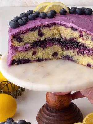 Blueberry Lemon Cake 🍋🫐💛 Soft & moist lemon cake layers with bursting fresh blueberries, filled with blueberry jam & frosted with blueberry lemon cream cheese frosting 💛 #blueberrycake #lemonblueberry #lemoncake 