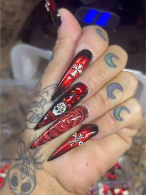 Let’s do my nails! Let’s bang out some killer black and red goth nails. #GothNails #GothicNails #Gothic #MyNails #LongNails #Nails #Crosses #Roses #Skulls #FYP #BadAss