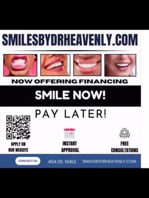 FREE consultations for a limited time! Smile NOW! Pay Later! Call 404-29 SMILE (404-297-6453) or   visit SmilesbyDrHeavenly.com Today! . Dr. Heavenly  has  over 25 years of experience with over 5000 implants placed. High quality service with competitive pricing and flexible payment plans. ✈️ Seeing patients from all over the US! 📲 Now offering virtual consultations  💳 FINANCING OPTIONS AVAILABLE ON WEBSITE  🏥Address: 3840 Peachtree Ind. Blvd Ste 320  Duluth, Georgia 30096  @smilesbydrheavenly #SmilesByDrHeavenly  #Dentistry #Instastory #Instagram #Reels #HeavenlySmileInADay #FullArchDentalImplants   #smile #DentalImplants #Dentist  #Implants #SmileMakeOver #CosmeticDentist #Married2med #DrHeavenly #ImplantDentist #CelebrityDentist #TopDentist  #AtlantaDentist #new #Daily #Fyp #Viral #Viralvideo