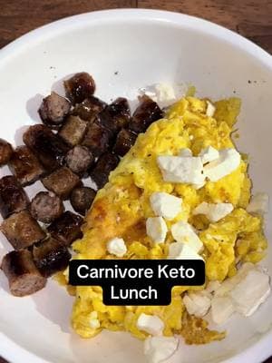 My carnivore Keto Lunch today - just now breaking my fast and I am have 3 scrambled eggs with some feta cheese and some chopped up breakfast sausage links - topped with feta cheese - follow to see all my meals #carnivore #carnivorediet #animalbased #carnivorelifestyle #weightloss #keto #fyp #foodblogger 