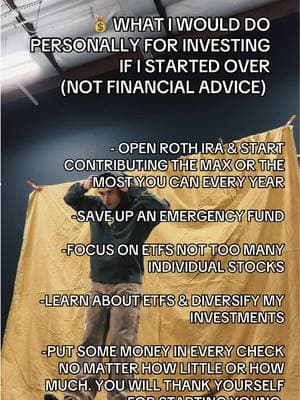 Open Roth IRA, max it out every year or to the best of your ability. This will grow tax free I believe max is 7.5k a year. Max it out first every year as soon as you can. Make sure you dont just leave the money in there but actually invest in stocks with that money so it can grow without tax liabilities. (If you leave it in there, it will do nothing)  Make sure you have an emergency fund (6 months of bills)  Don’t overtrade unless you want to be an active trader but that takes time, staying up to date on news and is still risky at times. Only trade individual stocks if you did research and only with your extra cash.  Majority of funds should be going to index funds/ETFS. I recommend VOO or QQQM or SPY. There are others but do your due diligence. Index funds/ETFs are like a big pie with each slice being a certain company so instead of investing in one company, you are immediately investing in a large number of companies to diversify your risk, reward and keep you safe. Research shows that people who invest in good index funds and literally keep investing but forget about it actually end up with the most money and beat out most traders who lose money investing in risky or singular stocks.  Put some money in every paycheck, doesnt matter how little or how much. It adds up and you will thank yourself for starting young.  Time in the market always beats timing the market. No one knows if it’ll go up or down but historically it always goes up over the span of decades. You are trying to retire not buy something next month unless you plan on a huge purchase like a house.   #investingforbeginners #stocks #modelingadvice #modelingfinances #investingtips #financialliteracy #stockmarket 