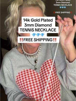 ‼️FREE SHIPPING‼️ 14k Gold Plated 3mm Diamond TENNIS NECKLACE!!! This is the necklace I get the MOST COMPLIMENTS on!!  Comes in gold or white gold. 15" or 18" #necklace #tennisnecklace #diamondnecklace #jewelry #fashion #trendy #TikTokShop #fyp @PAVOI 