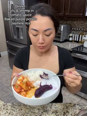 People often ask me what I eat on days when I don’t feel like cooking, and that’s exactly why I meal prep! This week, it’s tofu with shrimp in tomato sauce, baked purple potatoes, and a scoop of jasmine rice. So delicious and full of nutrients! It may not look like a lot, but my body needs this to keep going. Remember, it’s perfectly fine to eat rice and potatoes, moderation in everything is key, fad diets are not long term. I always grab these purple potatoes from the Asian market. What’s your go-to meal when you’re not in the mood to cook? #bluezone #fypage #relatable #DinnerIdeas #vegetarian #everydaylife #workingmom #healthyliving #asianfood #nofaddiets #fyppppppppppppppppppppppp  