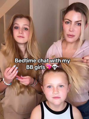 Bedtime chat with my BB girls.💖💀 Just all about Tricel Dips (tricep dips) makeup @Jones Road Beauty and Barbie hairstyles. 🎀 xx Angela Claire #girlmama #girltalk #bedtime #chats #girlygirls #mamasgirls #bigsis #littlesis #sistersforever 