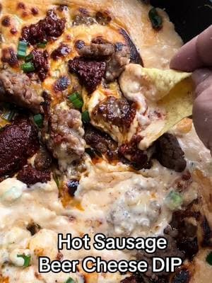 Hot Sausage Beer Cheese DIP  Perfect for party appetizer or game night!!!  * 1 lb Italian sausage, removed from casing- I used hot  * 8 oz chorizo optional - (drain completely after cooking ) * 1 cup beer (lager or ale works best) I used blue moon  * 2 cups shredded cheddar cheese * 1 cup shredded mozzarella cheese * 8oz (1 cup) cream cheese, softened * 1/2 cup grated Parmesan cheese * 1/2 cup milk * 2 tablespoons all-purpose flour * 1 tablespoon Dijon mustard * 1 teaspoon garlic powder * 1 teaspoon onion powder * Salt and black pepper to taste * Tortilla chips or pretzels, for serving * In a large skillet, cook the Italian sausage over medium heat until browned and cooked through, breaking it up into crumbles as it cooks. Drain excess fat and set aside * In a medium saucepan, heat the beer over medium LOW heat. DO NOT BOIL BEER or the cheese will curdle.  Gradually whisk in the cream cheese until smooth and melted. * Add the cheddar, mozzarella, and Parmesan cheeses, stirring constantly until the cheeses are fully melted and the mixture is smooth. * Stir in the milk, flour, Dijon mustard, garlic powder, onion powder, salt, and black pepper. Continue to cook, stirring occasionally, until the mixture thickens and is heated through. * Add the cooked sausage to the cheese mixture, stirring until well combined. * Keep in same pan or Transfer the dip to a serving dish . * You can put in the oven to slightly brown.  * serve warm with tortilla chips or pretzels. #foodies #eat #good  #delicious  #chicken #beef  #appetizer #Recipe #recipes #cooking #instafood #igdaily #dinner #food #yum #instagood  #EasyRecipes    #snack #foodgasm #instadaily #tasty #tastyfood #chickenrecipes #reels #reelsinstagram #reelsofinstagram #reelsviral #reelsinsta #Foodie #deliciousfood chickens lunch bbq salad beef Mexico Chinese food take out fake away eeeeeats huffposttaste bhg  4thofjuly bbq  game day game night nfl football basketball baseball party get New Year's Eve together spicy good easy recipe superbowl  #foodtik #foodtiktok #FoodTok 