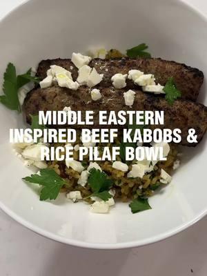 Dinner from last night was 10/10 🔥 that rice though 😩 Do you want a recipe for this middle eastern inspired beef kabob and rice pilaf bowl?  #ricepilaf #kabobs #DinnerIdeas #traderjoes #feta #ricebowl #carolbeecooks 