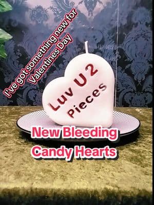 I've been working on something new, bleeding candy heart candles. These will be available on my website on the 1st of February ❤️ I have LUV U 2 PIECES, I'LL KILL FOR YOU, 'TILL DEATH I will have it in the scents  sugar daddy (sugar plum punch), berry naughty (strawberry Cheesecake) , vanilla and chocolate  if you think I should do another scent drop it below #candles #candlemaking #candlelover #soywax #soywaxcandle #bleeding #bleedingcandle #candy #candyhearts #valentine #ValentinesDay #valentinesdaygift  #gift #gifts #giftideas  #gothgirl #gothvibes #oddities #candlemakersoftiktok 