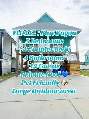 FLD112 : Blue Bayou  5 Bedrooms  4 bathrooms  14 Guests  Private Pool  Pet Friendly 🐶 Charcoal grill  The perfect outdoor Oasis has it all 💙🎵🌊 #porta #beach #texas #rentalproperty #summer2024 #petfriendly #playa 