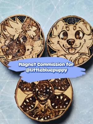 Wood-burned magnet set for @/littleblue_puppy on IG! It was a fun challenge working on this demogorgon oc 💕 ✧ ✧ #furry #furryart #furryartwork #furryartist #furrycommission #furryetsy #furrytiktok #furryartwork #furryfandom #woodburning #customwoodburning  #furrywoodburning #pyrography #woodburningart