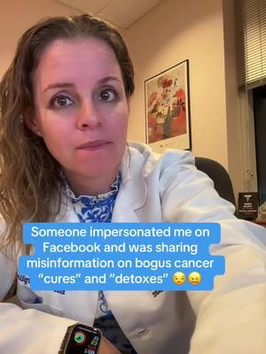 Someone impersonated me on Facebook to share misinformation on bogus cancer “cures” and “detoxes”. Thanks to Meta for taking it down quickly but I am horrified that it even was there to begin with. It makes it even harder to spot misinformation when someone is impersonating your name and credentials. Bottom line: there are no magic cancer cures or detox pills. Always check with your medical team!! #misinformation #cancer #oncologist 