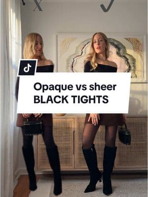 OPAQUE TIGHTS vs SHEER TIGHTS 🦵  Why choose sheer black tights over opaque? ▪️more timeless and sophisticated  ▪️not as heavy on your legs ▪️they feel more elegant  ▪️more versatile for your wardrobe / seasons / occasions  ▪️if you need the warmth, opt for a double lined sheer tights like I’m wearing here or skin illusion fleece lined tights  What’s the deal with denier? ▫️Denier 5-10: ultra sheer - best for a more natural look or formal occasions  ▫️Denier 15-20: classic sheer - best for every day, office and formal events ▫️Denier 30-40: semi-sheer - balance for warmth ▫️Denier 40+ - opaque - avoid unless with intention (like a fun color pop) …or save for under your jeans/pants for warmth  ✨SAVE to remember this and SEND to a friend that needs to know✨ (((My outfit is 🔗 on my ShopMy except for my vintage skirt))) #blacktights #stylingtip #bootseason #millennialsoftiktok #capsulewardrobe 