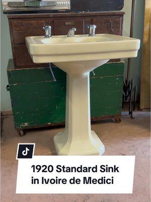 Near mint condition Standard bathroom sink from the late 1920’s in the color Ivoire de Medici. #goodasold #architecturalsalvage #standardsink #antiquesink #vintagesink #antiqueplumbingfixtures #vintagebathroom #antiqueplumbing #originalbatheoom #ivoriedemedici #michigan