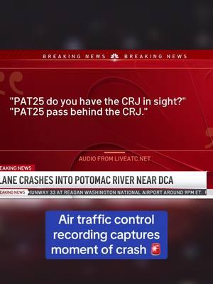 Audio from the air traffic control tower captures the moment officials saw a commercial jet and a military helicopter crash near Reagan National Airport tonight. “There was a collision on the approach into 33,” someone can be heard saying. “We’re going to be shutting down operations for the indefinite future." #planecrash #breaking #recording #airtrafficcontrol #news #potomac 