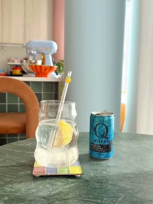 Since quitting alcohol last year, this refreshing Q CLUB SODA with a splash of lemon & ice has been my go-to drink! #Ad #QItUp I dropped a link in my bio so you can try it for yourself.  Bonus: The blue color from the @Q Mixers can was the perfect inspo for the exposed column in my kitchen, plus it complemented the pink ceiling perfectly! Stay tuned for Part 3 ;)  #renterfriendlyupgrade  #colorfulhome 