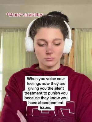 We don’t voice how we feel about anything because when we do, we get the silent treatment and us alters have abandonment issues and we hate it, we try so hard to not let it bug us, but it does. When we was younger we was left alone in a room for hours with no communication, no faces for days, months. staring at blank walls, watching the tv shows, being ignored having to take care of ourselves. It was our punishment for just being alive. We was a ghost child. And now our partner treats us the same when he gets mad at us, knowing how much trauma we lived through.  #di#didi#didsystemi#disociativeidentitydisorderr#cryingg#ignoredb#abandonedb#abandonmentissuesb#abandonmenta#narcissista#narcissisticabusea#narcissisticrelationship