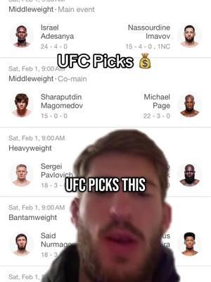 UFC picks this week are a lock🔒 who’ve you got and why? 🤔👇🏼#ufcpicks #ufcvideo #adesanya #sharabullet #fyp #trendingvideo 