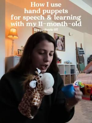 Have you tried using puppets with your baby? He was a little hesitant about them at first but now he loves feeding them, giving them drinks, and being silly with them! There are SO many more ways you could use these! As a pediatric OT, I am a big fan of puppets for speech development and modeling actions with toys and utensils. 👋🏼 hi! I’m Marissa. I’m a pediatric occupational therapist specializing in early intervention (birth-3). I help families support their baby’s development in ways that are easy to manage within their routines and simple to set up.  Disclaimer: this is for educational purposes only and not intended as medical advice of any kind. #pediatricot #firsttimemom #firsttimemama #occupationaltherapy #occupationaltherapist #playtherapy #speechtherapy 