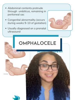 Omphalocele is a congenital abnormality where the abdominal organs, contained in the peritoneal sac, protrude through umbilicus. This typically occurs during weeks 9-10 of gestation and is usually diagnosed on a prenatal ultrasound. Surgical repair involves lowering the organs into the abdominal cavity. This has to be done very gradually, so these babies will have a long hospital stay! 🚨Critical thinking check!🚨 What are some potential complications you’d be on the lookout for if you’re taking care of a baby with this condition? Let us know in the comments! 💬 #nursingschool #nursetobe #nursingstudents #obnurse #nclextips