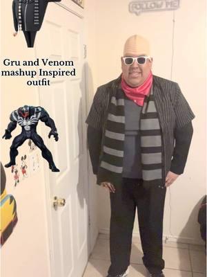 My first attempt of a Gru and Venom mashup inspired outfit 🖤🤍🩶🌙😈 #despicableme #despicableme2 #despicableme3 #despicableme4 #gru #minons #minion #universalstudios #venom #marvel #marvelstudios #marveluniverse #cosplay #cosplayer #fashion #fansdom #crossover #mashup 