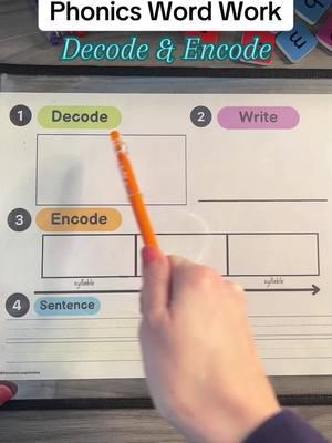 💚💜 Decoding & Encoding: Both work on the essential skills of blending and segmenting, which are required when learning how to read and spell!  These mats are great for moving back and forth between these skills. The sentence helps connect with meaning. You can also write the definition. 🥳 Do your students need this type of practice?  #Phonics101 #scienceofreading #learningtospell #decode #encode #syllables #bigwords #phonics #phonemicawareness #firstgradeteacher #teachersoftiktok #homeschool #structuredliteracy #wordwork 