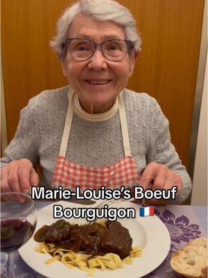 Marie-Louise’s Boeuf Bourguignon 🥩 While I was in France recently, my mother-in-law made this hearty beef stew from the Burgundy region of France. She uses “tranche de basse-côte” which is chuck in the US. Marie-Louise likes to marinate her meat the morning before making her beef bourguignon. She uses a half an onion studded with some cloves, red wine (Saumer from the Loire Valley), salt and pepper, a bouquet garni made with bay leaves, thyme and rosemary sprigs, and a little piment d’Espelette. When she’s ready to cook, she drains the meat but reserves the marinade, then sears some lardons (bacon) in her pressure cooker. She adds butter, then sears the meat, adding the onions from the marinade. To thicken the juices, Marie-Louise stirs 2 tablespoons of flour in a little water. She adds the bouquet garni and the marinade, 2-3 tablespoons of tomato paste, then the rest of the bottle of wine. She seasons the pot with salt and pepper, and then adds the flour mixture. The pot is sealed and brought up to pressure (you could use a covered Dutch oven and cook low and slow for about 2 hours). The mushrooms are cleaned, sliced, sautéd in a separate pan, then added to the stew after it is cooked. She garnishes her boeuf bourguignon with chopped parsley and serves it with egg noodles. Bon appetit! Make it the day before for even more profound flavor. #chouquettekitchen #beefbourguignon #frenchcooking #french #frenchmil #frenchmotherinlaw #cooking #chef #frenchcuisine #fyp #foryou #foryoupage 