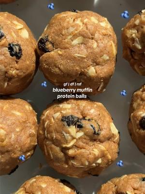 blueberry muffin protein balls 🫐✨🧁 recipe below!  INGREDIENTS:  - 1/2 cup gf oats  - 1/2 cup vanilla protein powder  - 1-2 tsps ground cinnamon  - 3/4 cup almond butter  - 1/3 cup maple syrup  - 1 tsp vanilla extract  - 1/4 cup dried blueberries  INSTRUCTIONS:  - in a large bowl, add your oats, protein powder, and cinnamon. Give it a quick mix. - In the same bowl, add your almond butter, maple syrup, vanilla extract. Mix until fully combined. Form into one giant ball. *every almond butter texture is different, if the mixture isn’t sticking together, add more almond butter, if it’s too wet, add more protein powder.* - Lastly, fold in your dried blueberries. Form into balls and place in a glass container. Enjoy within 3-4 days!! 🫐🤭 #proteinballs #proteinpacked #proteinpowder #highprotein #healthysnack #snackideas #healthylifestyle #dairyfree #glutenfree #glutenfreedairyfree #refinedsugarfree @Simply Organic @H-E-B @Central Market 