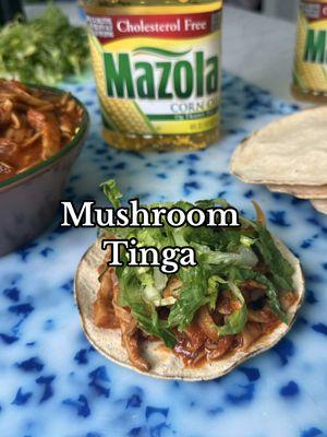 #AD Mushroom Tinga Tostadas, my vegetarian take on the classic Tinga de Pollo! Using heart-healthy* Mazola® Corn Oil allows the delicious flavors of our Mushroom Tinga to shine through - try it for yourself! @MazolaBrand #MakeItWithHeart #HazloConCorazon #HeartHealthMonth #MushroomTinga #Vegetarian #Vegan #Mexican #Cooking