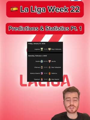 🇪🇸 LA LIGA WEEK 22 PREDICTIONS, STATISTICS & TIPS  PART 1 | More predictions on FanBasis in my bio | Statistics are from thr HOFB app, link in my bio | —————————————#footballpredictions #soccerpredictions #soccerpicks #footballpicks #footballtips #soccertips #footballanalysis #socceranalysis #laliga #laligasantander #laligapredictions #laligatips #laligapicks #freefootballpicks #freefootballpredictions #freesoccerpredictions #freesoccertips #leganesrayo #getafesevillafc #villarrealrealvalladolid #atleticomallorca #espanyolrealmadrid 