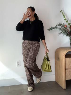 leopard pants outfit idea 🤎 #noisymay #nordstromrack #leopardprintpants #howtowear #saintlaurentleloafer #yslloafers #creamloafers #jacquesmariemage #birkin30 #vertchartreuse #hermesoutfit #cooljewelry 