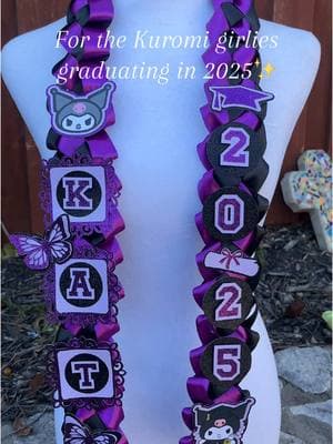 Kuromi Graduation lei💜🖤 Now accepting orders for leis, cap toppers, money leis & stoles ✨ #graduationleis #gradgiftideas #craftsbysamgradleis #graduationcaptopper #classof2025 #craftsbysamleis #dfw #SmallBusiness #kuromi #kuromigraduationlei #customgraduationleis #fyp 