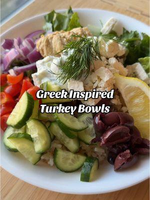 Greek inspired Turkey bowls 😋  Here’s what’s in my bowl: Lemon rice (recipe below) Chopped romaine Greek seasoned, cooked ground turkey (I used the Greek Freak from Spiceology, use whatever you like!)  Cherry tomatoes  Cucumber  Red onion Kalamata olives  A lemon wedge Hummus tzatziki sauce feta cheese Fresh dill  For the lemon rice, into the rice cooker: 1 cup rinsed jasmine rice 2 cups low sodium chicken broth The juice and zest of 1 lemon Season to taste with garlic powder, cumin, oregano, and dill.  Stir and cook on the jasmine rice setting.  #highproteinmeals #easymeals #greekbowl  #groundturkey #greekinspired #protein #feta #mealprep 