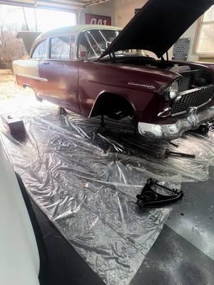 More work on the Filthy 55 continues!! #racepartsolutions #trifivenationals #55chevy #americangrafitti #twolaneblacktop #trifivechevy #falfa #trifiveera #trifivefriday #iaintnobodydork #verywicked55chevy #hotrod #patina #driver #hotrodding #cruiser #barnfind #shitbox #restomod #protouring #notrailerqueen #billetspecialties #trifivemafia #trifivechevys #patinacars #originalpaint #newwheels #classicperformanceproducts #muncie4spd #4speed 