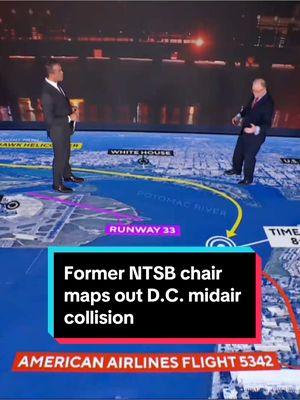 Robert Sumwalt, former chairman of the National #Transportation Safety Board, breaks down exactly where the midair collision occurred Wednesday night and what may have been happening on the flight deck of American Airlines Flight 5342. #news #aviation #washingtondc #map #plane #americanairlines #NTSB #reagannationalairport 