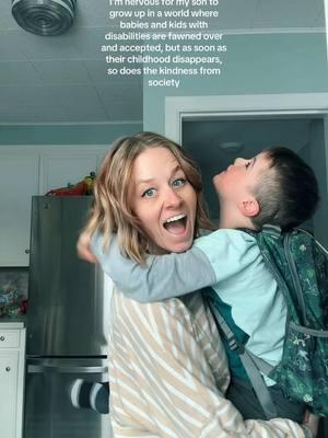 ask me how I know… 😏 adults are quick to ooo and aaah over a cute baby with a disability for accomplishing milestones, being adorable, and overcoming obstacles. and AS WE SHOULD. 👏🏼 but. those sweet babies grow up. they grow into teenagers — their smushy baby features, faded. we might assume they should be better at blending in or knowing how to act, but we extend a little more grace because they are still learning.  then those teenagers turn into adults. they are no longer“cute” and they don’t get to use “still learning” as a pass. but their worth didn’t change. yet, society is far more apathetic to respecting and celebrating the lives of those adults who are disabled, because at this point in their lives, they “should know better.” these disabled adults aren’t being swooned over, since they are now equals to us in age. we don’t know how to act around “them,” so we look at them one of two ways, typically: offering a soft smile to share that we know they are different, we are sorry they are different, and we wish them well on their way, OR by determining that they shouldn’t be there with us — in the grocery store, in the workplace, in higher educational settings, in our churches.  we joke that our friends are “mentally challenged” when something is hard for them; we unfairly blame things on the intellectually disabled, because they likely won’t argue in defense of themselves; we laugh at or scorn adults who stim in public, especially those who don’t “look” disabled; we regularly hear words in movies and shows that reiterate the idea that if someone isn’t traditionally smart, then they must be bad. adults with disabilities are, simply put, not treated well in society. and it grieves me for my adult brother and my almost teenage son.  my challenge to you — when you see a child or baby who you are eager to praise and adore, remember that child will grow up someday in a world where very few keep that same energy toward them. when you see an adult with an intellectual disability, remember that they were once a child, and they remain as worthy of your respect and love today as much as they did back then.  #intellectualdisability #kindness #bullying #discrimination #adulthood #raisingkids #wordsmatter #disabilitytiktok #parenting #downsyndrome #stimming 