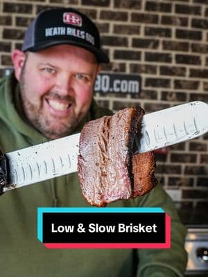 Low and Slow Brisket. Melt-in-your-mouth tender with a great peppery bark. We smoked this brisket overnight on the @Traeger Grills Ironwood XL! Seasoned with our Beef Rub and smoked it at 200-250º for around 14 hours. Once it was off the smoker, we rest it in our @YETI 65 for 4 hours before slicing.  Ingredients: • 1 (11-pound) Wagyu brisket • Mustard • Cracked black pepper • Heath Riles BBQ Beef Rub • 5 ounces beef consommé 1. Fire up your Traeger Ironwood XL (or grill of choice) with @Royal Oak Charcoal Hardwood Pellets to 200℉.   2. Trim the brisket, removing excess fat.  3. Coat the brisket with mustard, then season with cracked black pepper and Heath Riles BBQ Beef Rub. Let it rest for 30 minutes.   4. Place a baking rack over an aluminum pan on the grill. Set the brisket fat side up and smoke for 12 ½ hours until it reaches 160℉.   5. Wrap the brisket tightly in triple-lined aluminum foil with a little beef consommé.   6. Raise the grill temperature to 250℉ and cook for another 2 ½ hours until the brisket reaches 190℉.   7. Let the brisket rest for at least 4 hours before slicing. Enjoy! #heathrilesbbq #pitmasterheathriles #heathrilesbbqproducts #bbq #food #cooking #grilling #recipes #lowandslow #brisket #fyp #foryoupage #bbqtiktok 