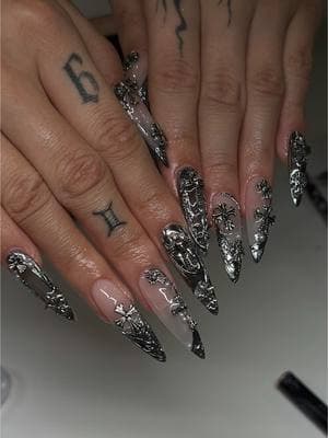 ༺ ♱ chrome hearts nail tutorial ♱ ༻  please tag the creator | ib: Pinterest, @Ames | used the MORE Black Multi Liner Gel from @Sweetie Nail Supply  🫶 #nailinspo #chromehearts #nailtutorial #chromenails #edgynails #longnails #silvernails #nycnailtech  