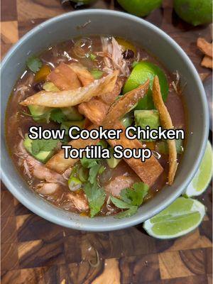 Slow Cooker Chicken Tortilla Soup. Did I just say “shlow” cooker? It’s early. How’s this for Super Bowl fare🏈Don’t be intimidated by the length of the ingredient list; much of it is spices. To speed things along, I chopped my veggies the night before and measured out all my spices. Literally took me 10 minutes to get it all into the slow cooker and press start. If you want more heat, add more chipotle pepper but be careful, a little goes a long way. Go 🦅Eagles! Serves 4-6. 4-6 skinless, boneless chicken thighs ½ a large yellow onion, chopped 2 bell peppers, red, yellow, orange or green, diced 3 large garlic cloves, minced or pressed ½ t red pepper flakes, optional 1 t ground cumin 1 t chili powder 1 t onion powder 1 t garlic powder 1 t dried oregano Kosher salt and black pepper 2 15-oz cans black beans, rinsed and drained (I used 1 can black beans + 1 can great northern) 3-4 c chicken broth (depending on how thick you want it) 1 28-oz can (or 2 14-oz cans) chopped tomatoes, fire-roasted if available 1 chipotle pepper in adobo, or more if you like spice Juice of 2 limes 1 T chopped cilantro and mince the tender stems Garnishes: Lime wedges Chopped green onions Chopped cilantro Cubed avocado Grated cheddar or Monterey Jack Sour cream Tortilla chips and or strips Place chicken thighs in the bottom of a 6-quart (or larger) slow cooker. Season with cumin, chili powder, onion powder, garlic powder, and oregano. Add in the onion, peppers, beans, tomatoes, broth, and chipotle pepper to the slow cooker and stir it all around the edges to combine. Cover and cook on low for 8 hours (or on high for 4 hours).  Add the juice of 2 limes, and shred the chicken with two forks or chop. Taste and add salt if needed (probably) and a few grindings of black pepper. Stir in chopped cilantro and minced stems. If you want more spice, stir in ½ teaspoon cayenne or more chili powder or adobo.  Serve with desired garnishes. It’s even better the next day. #chouquettekitchen #superbowlfood #SuperBowl #slowcooker #chickentortillasoup #foodblog