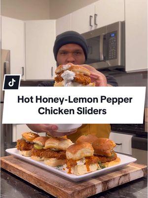 Hot Honey-Lemon Pepper Oven Fried Chicken Sliders 🔥🔥 Full ingredients listed below  For the Chicken: •	8 boneless, skinless chicken thighs (or breasts, cut to slider size) •	3 eggs •	1 tbs onion powder •	1 tbs garlic powder •	1 tbs Creole seasoning •	1 tbs Italian seasoning •	1 tbs all-purpose seasoning •	1 tbs smoked paprika •	3 cups seasoned flour •	Avocado cooking spray  For the Hot Honey Lemon Pepper Glaze: •	1/2 cup honey •	1 tbsp hot sauce (adjust to taste) •	1 tbsp unsalted butter •	1 tbsp lemon juice •	1 tsp lemon pepper seasoning For Assembly: •	Slider buns (brioche or Hawaiian rolls work well) •	Butter (for toasting buns) •	Pickles, ranch, or shredded lettuce (optional, for topping) ##hothoney##lemonpepper##chickensandwich##sliders##sliderrecipes##appetizers##appetizerrecipe##chickensliders##fingerfood##EasyRecipes##soulfood##comfortfood##fyppp