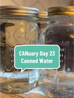 I know what you’re thinking…  Really? Canning water? What’s the point? Well, a few reasons.  1. It’s great to have on the shelf for any emergencies or power outages. 2. Any supply chain issues🙃 3. A full jar takes up just as much space as an empty jar so fill them up!  We were lucky enough to inherit so many jars that are just sitting and waiting to be filled. So, whenever I don’t have a full canner, I like to fill it with jars of water to add to our shelves for any power outages/emergencies. Here’s how👇🏼 Start by boiling clean potable water to a boil for 5 minutes.  Fill your jars leaving 1/2 inch headspace.  Place on your lids and bands finger tips tight.  Load into the canner and process with your other jars as long as it is at least 10 minutes of processing time. (Or do a full canner of water for 10 minutes)  Remove and let cool on the counter. Store sealed jars in your pantry for a peace of mind.  *This can be done in a water bath canner or pressure canner.  I hope you enjoyed this CANuary season as much as I did!  I’ll keep sharing canning recipes (just not every day😅) #homesteadkitchen #selfsufficiency #canningandpreserving #homesteadliving #canningforbeginners #prepping #emergencypreparedness 