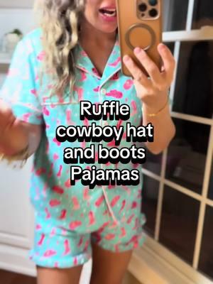 This little ruffle cowboy hats and boots pajama set is too cute! #twopiecepajamaset #pajamas #pjs #rufflepajamas #westernpajamas #tiktokshopcreatorpicks #tiktokshopfinds #spotlightfinds #TikTokShopFashion #fashionlookbook 