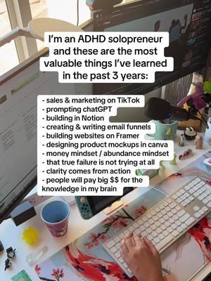 These are things I had no idea how to do and am entirely self taught on! And the best thing is that these specific skills that help me bring in an extra $5k-$10k a month, serve clients, coach, sell digital products, and basically work how & when I want to. And no I’m not trying to sell you a course (I don’t teach this stuff) I am just trying to show you what is possible with a little bit of effort every day! #adhd #audhd #adhdbusinessowner #businessowner #solopreneur #adhdsolopreneur 