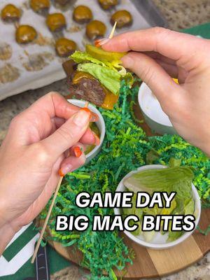 GAME DAY BIG MAC BITES 🍔 A Super Bowl must make! Bite sized mouthwatering perfection👌🏼 INGREDIENTS: -1.5 lbs lean ground beef (I used 96/4) -1/2 cup finely diced onion -1 tsp salt -1 tsp burger rub seasoning  -4 slices cheddar cheese -16 dill pickles -Lettuce -Skewers -Avocado mayo (or dipping sauce of choice) DIRECTIONS: -Preheat oven to 400F and line a baking sheet with parchment paper. -In a large bowl combine ground beef, onions, salt, and burger rub seasoning. Mix until thoroughly combined. -Roll the beef into bite sized balls. Press each one down slightly to flatten it to make a mini burger patty and place it on your baking sheet. -Bake at 400F for 15 mins or until cooked through. -Cut your cheese slices into fours. -Take out burgers when they’re done, pat any excess grease off, and place cheese slice on each mini patty. Place back in the oven and let the cheese melt. -Once removed from oven, run a skewer through meet with melted cheese, then a few squares of lettuce, then finally, a pickle. -Serve with avocado mayo or preferred dipping sauce and enjoy! #superbowlfood #superbowlparty #superbowlappetizers #superbowlrecipes #superbowlideas #superbowlsunday #bigmacbites #bunless #bunlessburger #burger #burgerbites #lowcarbappetizer #ketoappetizer #gamedayfood #footballfood #bitesize #lowcarb #groundbeefrecipes #ketorecipes #easyappetizers