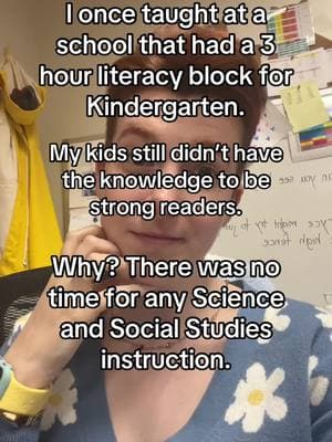 Literacy instruction is incomplete without CONTENT! Background knowledge and vocabulary are huge predictors of reading comprehension. In fact, most reading conprehension "strategies" cannot be used without the application of background knowledge (think: activating prior knowledge or making text to world connections). This is a huge part of Science of Reading research. Teaching science and social studies IS teaching reading, and removing meaningful science and social studies instruction from schools will continue to contribute to illiteracy. Great people to learn from regarding this topic are Natalie Wexler, Daniel Willingham, and Hugh Catts.  #readingcomprehension #scienceandsocialstudies #education #literacy #scienceofreading #sor #readingteacher #learntoread #knowledgematters